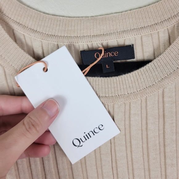 Quince Heather Oatmeal Cotton Cashmere Ribbed Long Sleeve Crew Midi Dress - Picture 6 of 9